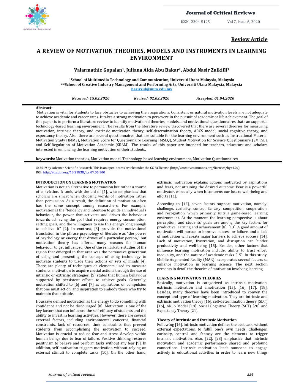 A Review of Motivation Theories, Models and Instruments in Learning Environment