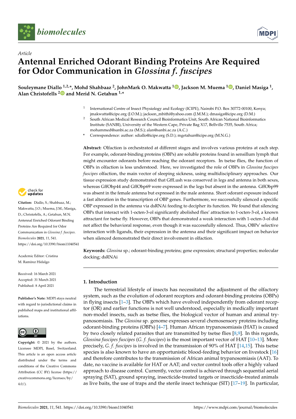Antennal Enriched Odorant Binding Proteins Are Required for Odor Communication in Glossina F
