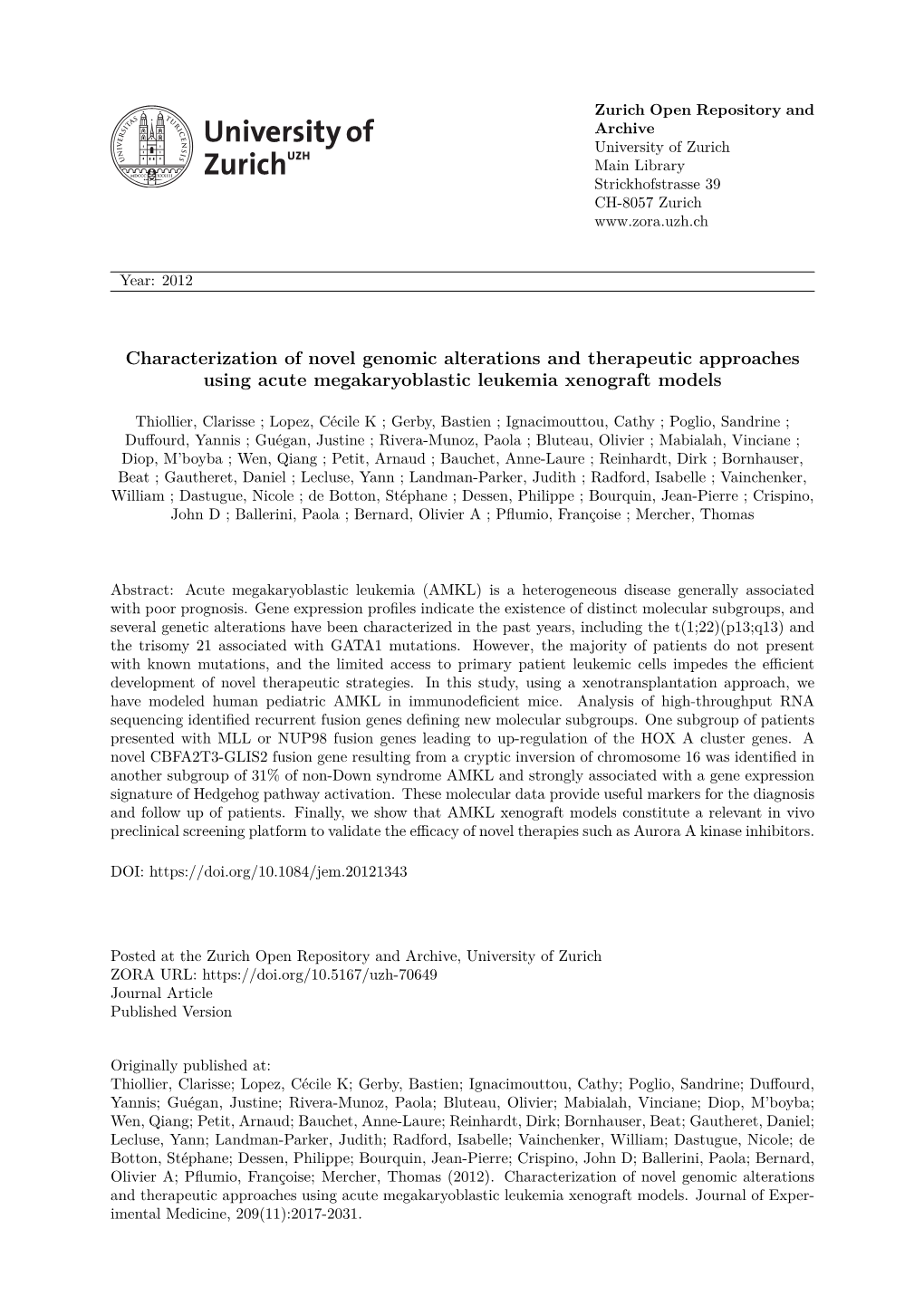 Characterization of Novel Genomic Alterations and Therapeutic Approaches Using Acute Megakaryoblastic Leukemia Xenograft Models