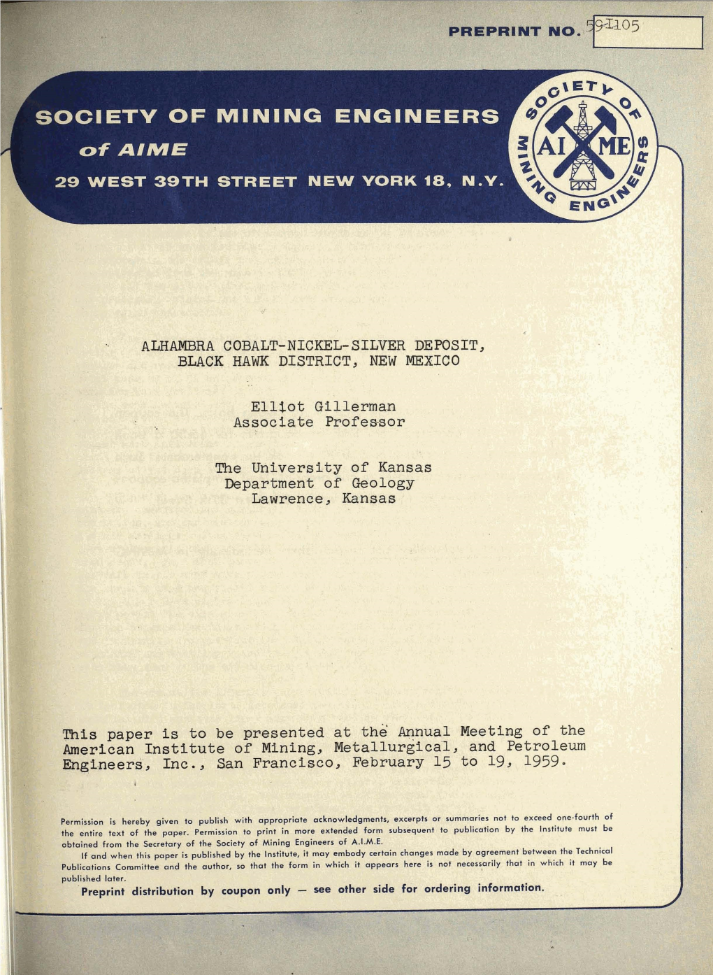 1959- Alhambra Cobalt- Nickel-Silver Deposit, Black Hawk District, New