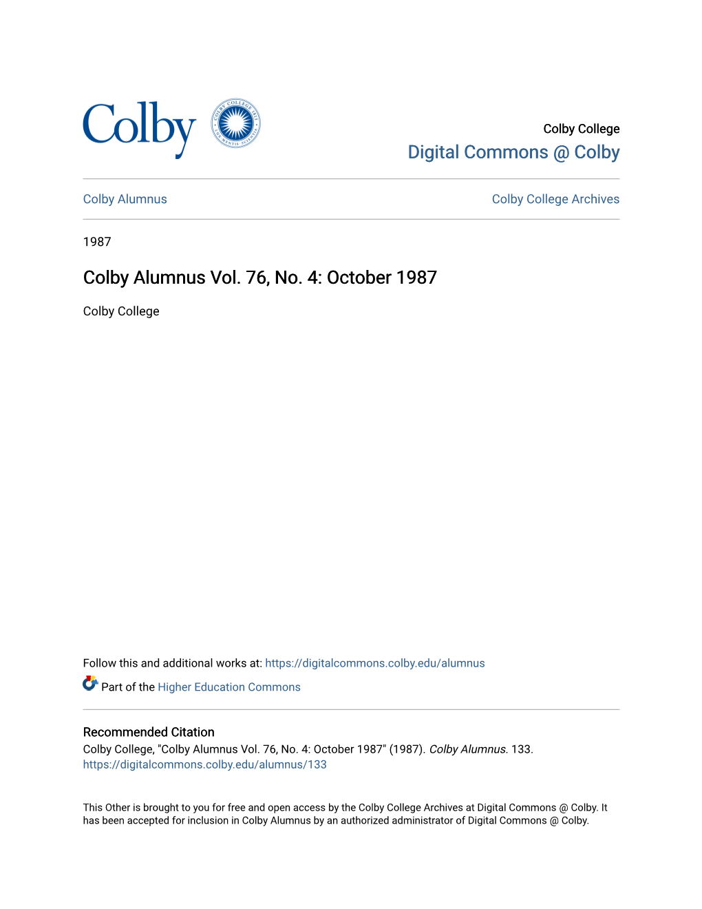 Colby Alumnus Vol. 76, No. 4: October 1987