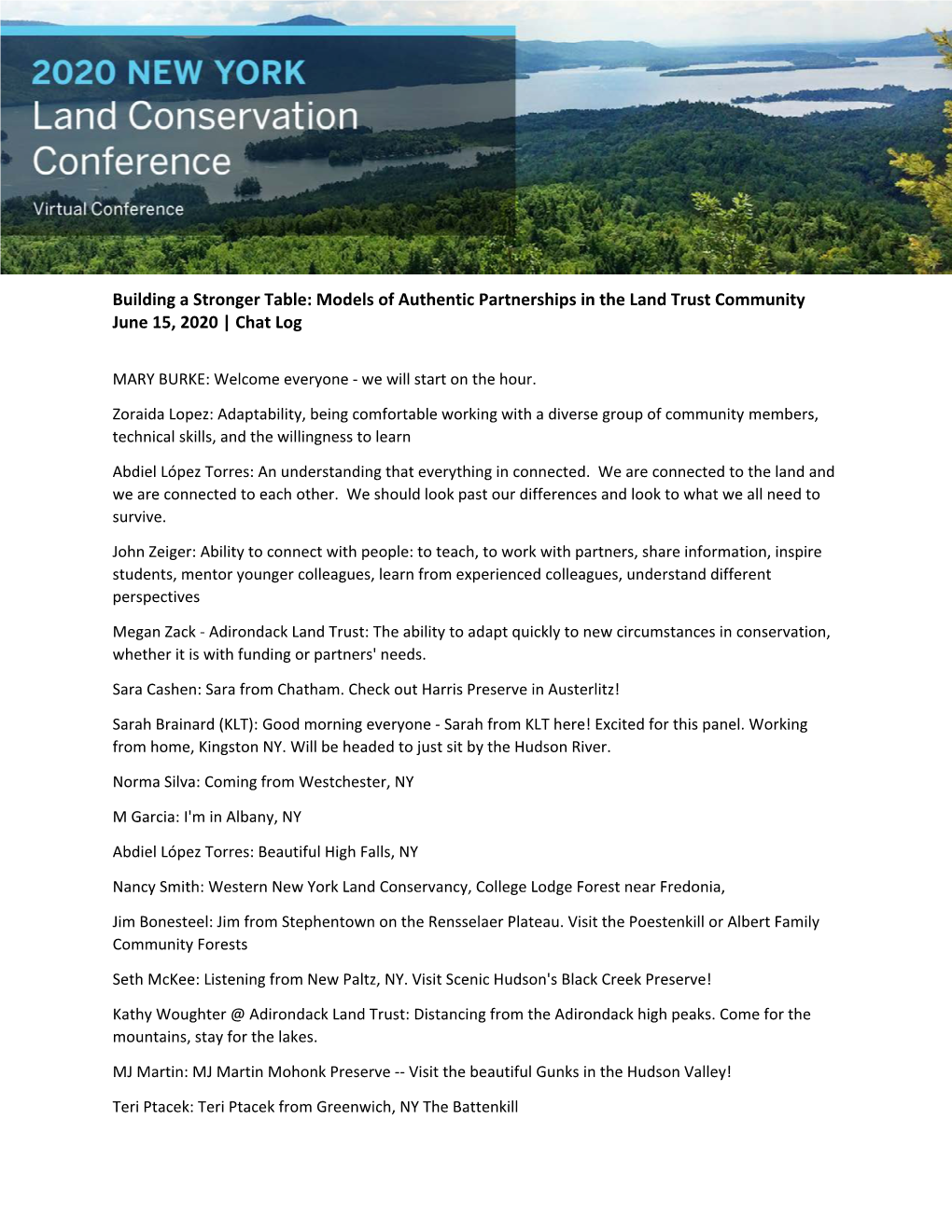 Models of Authentic Partnerships in the Land Trust Community June 15, 2020 | Chat Log