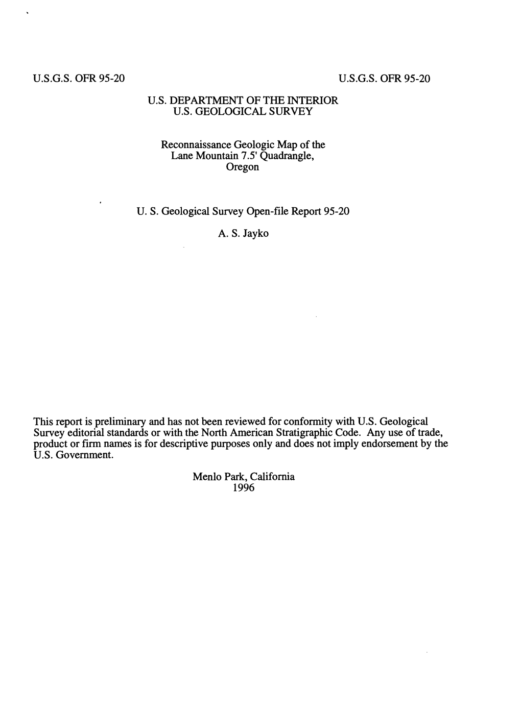 U.S.G.S. Ofr 95-20 U.S.G.S. Ofr 95-20 U.S. Department of the Interior U.S