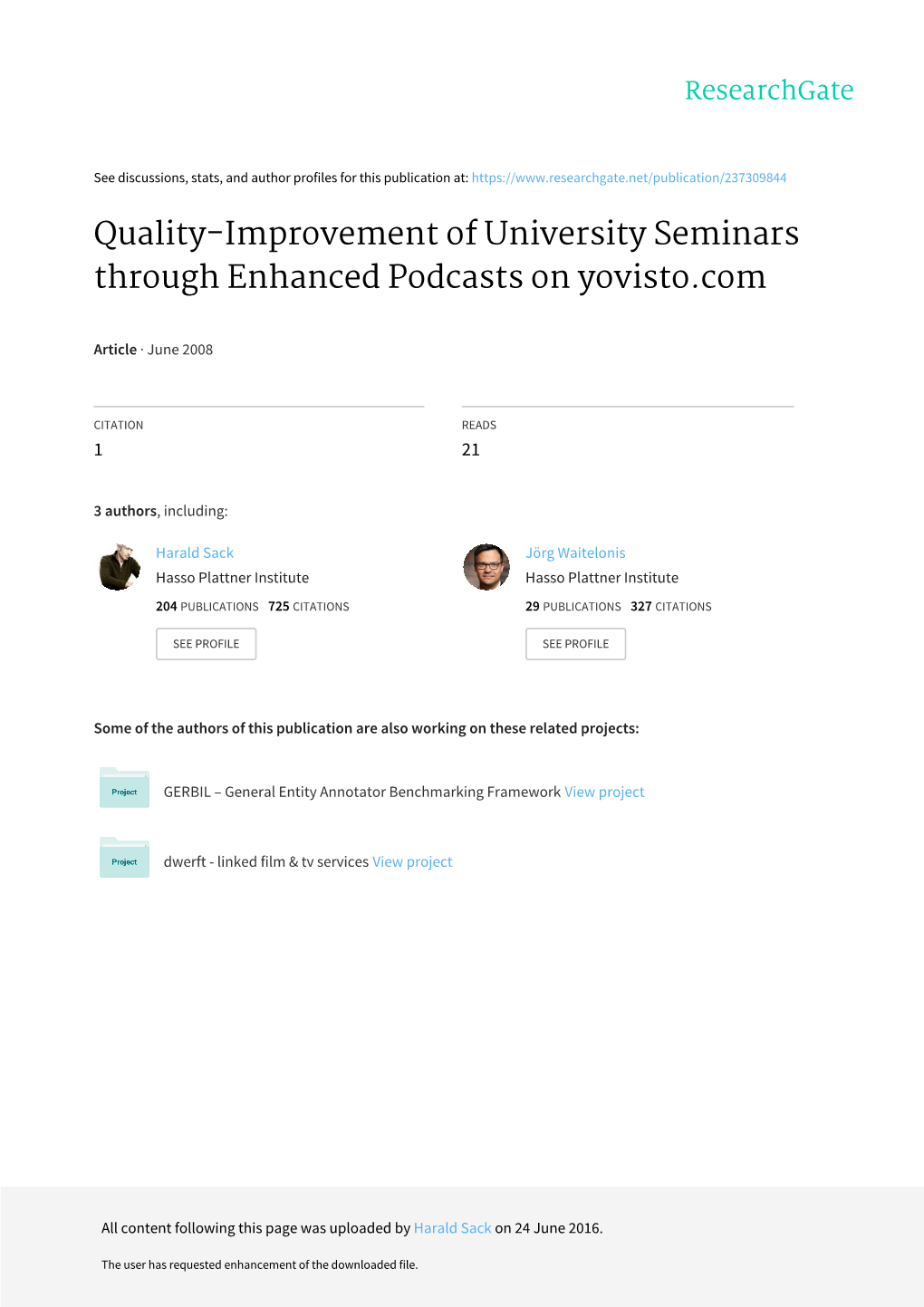 Quality-Improvement of University Seminars Through Enhanced Podcasts on Yovisto.Com