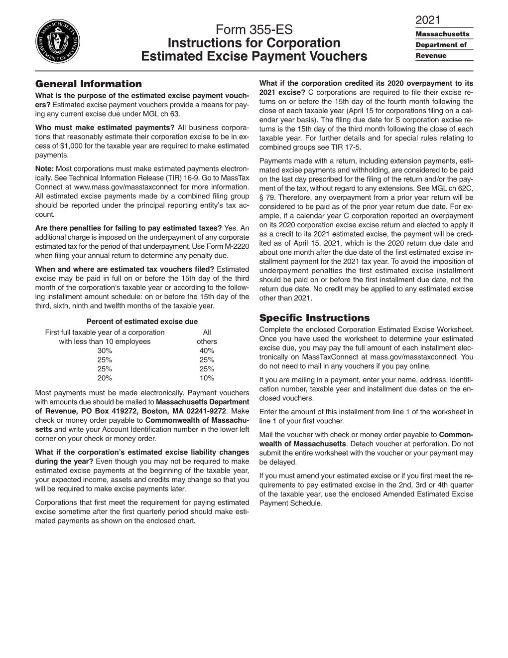 Form 355-ES Instructions for Corporation Estimated Excise