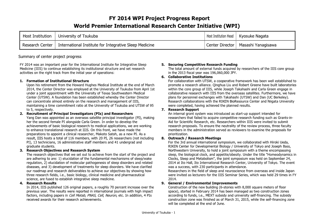 FY 2014 WPI Project Progress Report World Premier International Research Center Initiative (WPI)