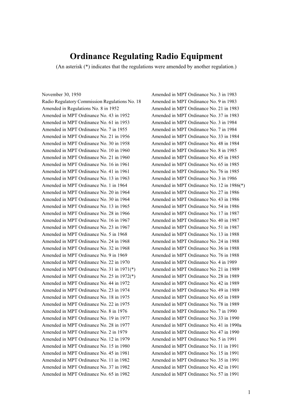 Ordinance Regulating Radio Equipment (An Asterisk (*) Indicates That the Regulations Were Amended by Another Regulation.)