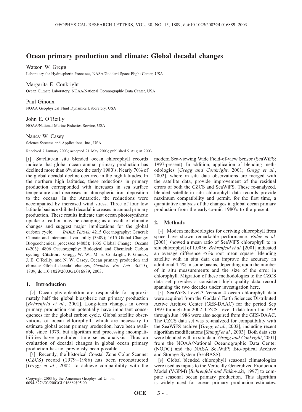 Ocean Primary Production and Climate: Global Decadal Changes Watson W