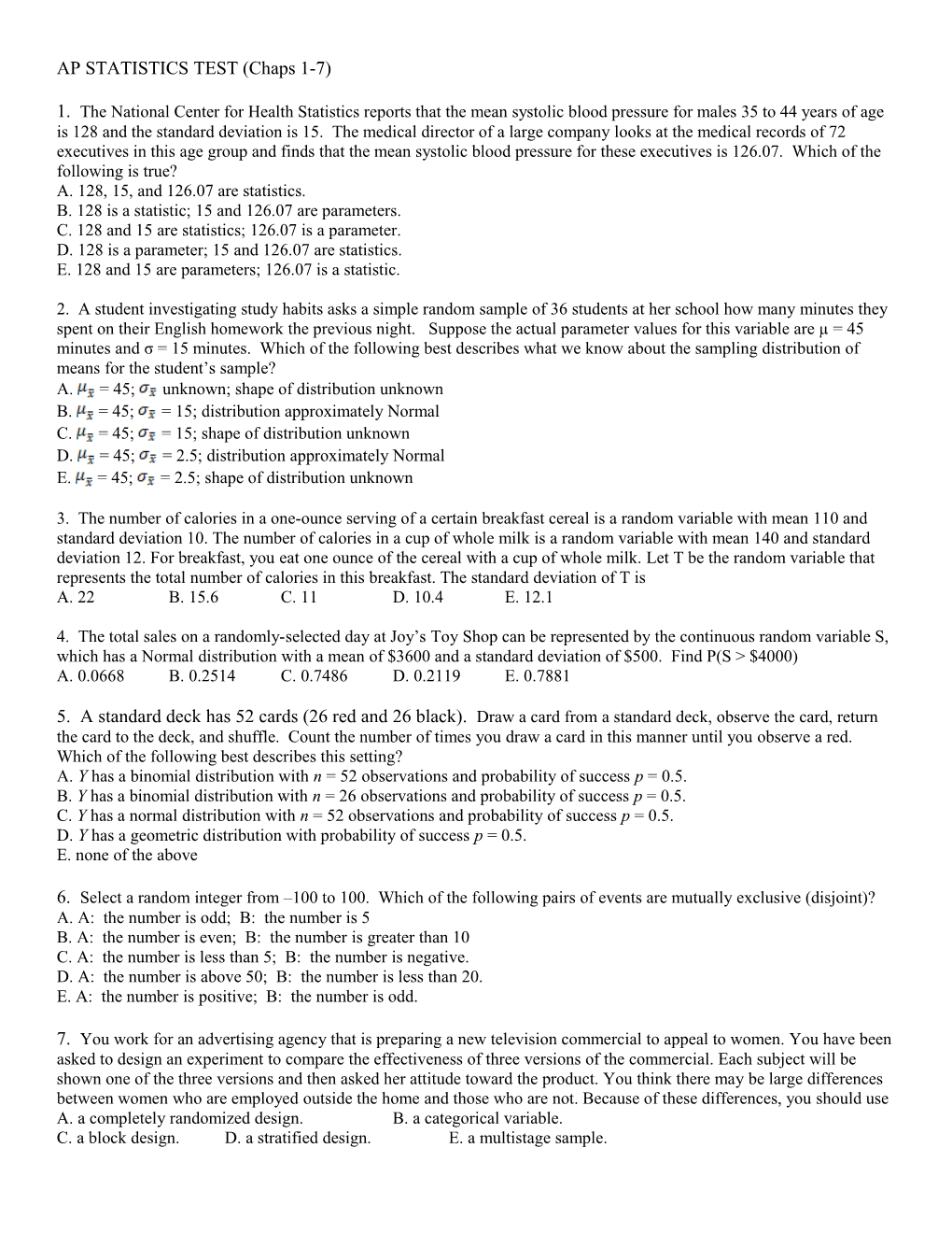 AP STATISTICS TEST (Chaps 1-7)