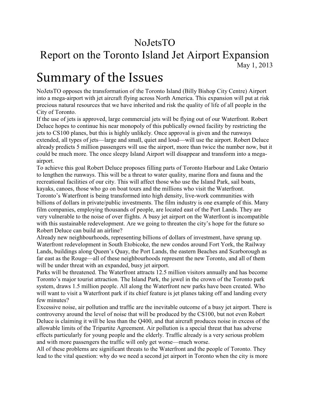 Report on the Toronto Island Jet Airport Expansion