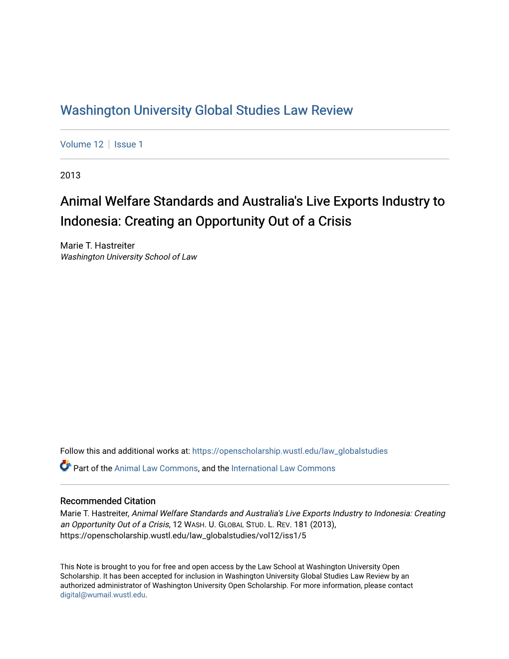 Animal Welfare Standards and Australia's Live Exports Industry to Indonesia: Creating an Opportunity out of a Crisis