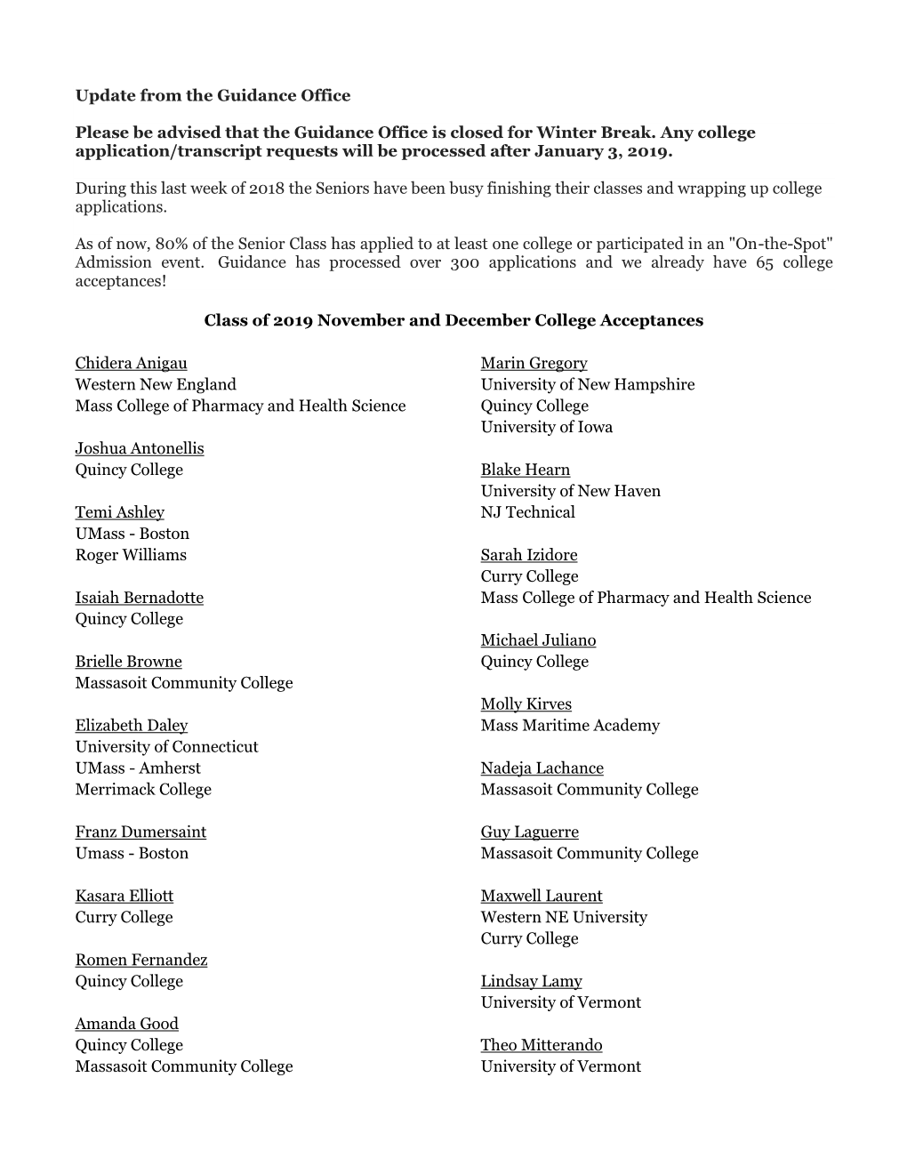 Class of 2019 November and December College Acceptances