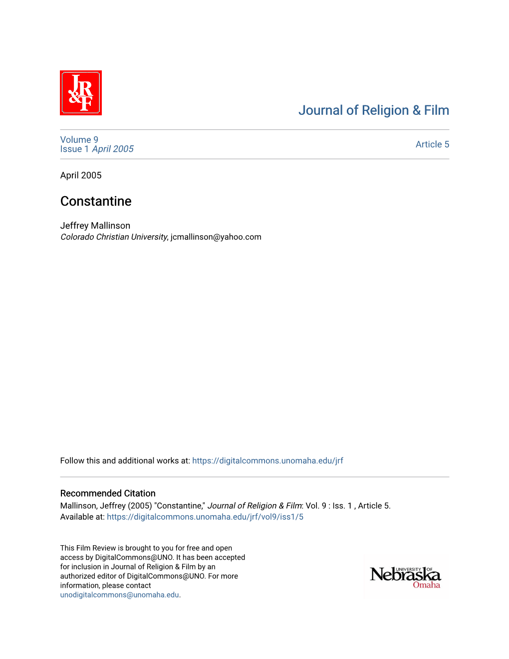 Journal of Religion & Film Constantine