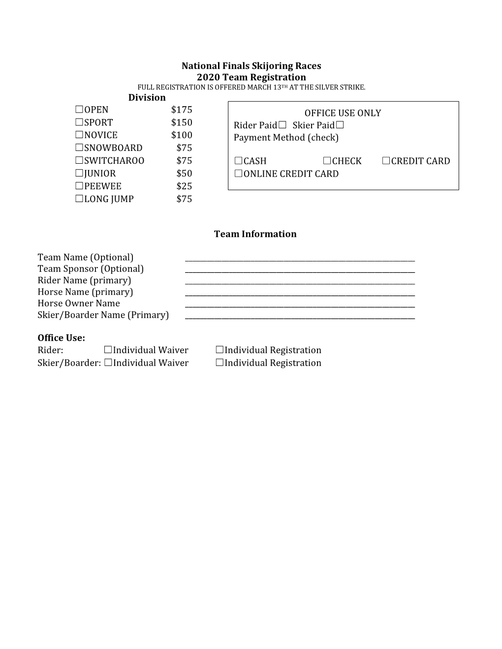 National Finals Skijoring Races 2020 Team Registration Division