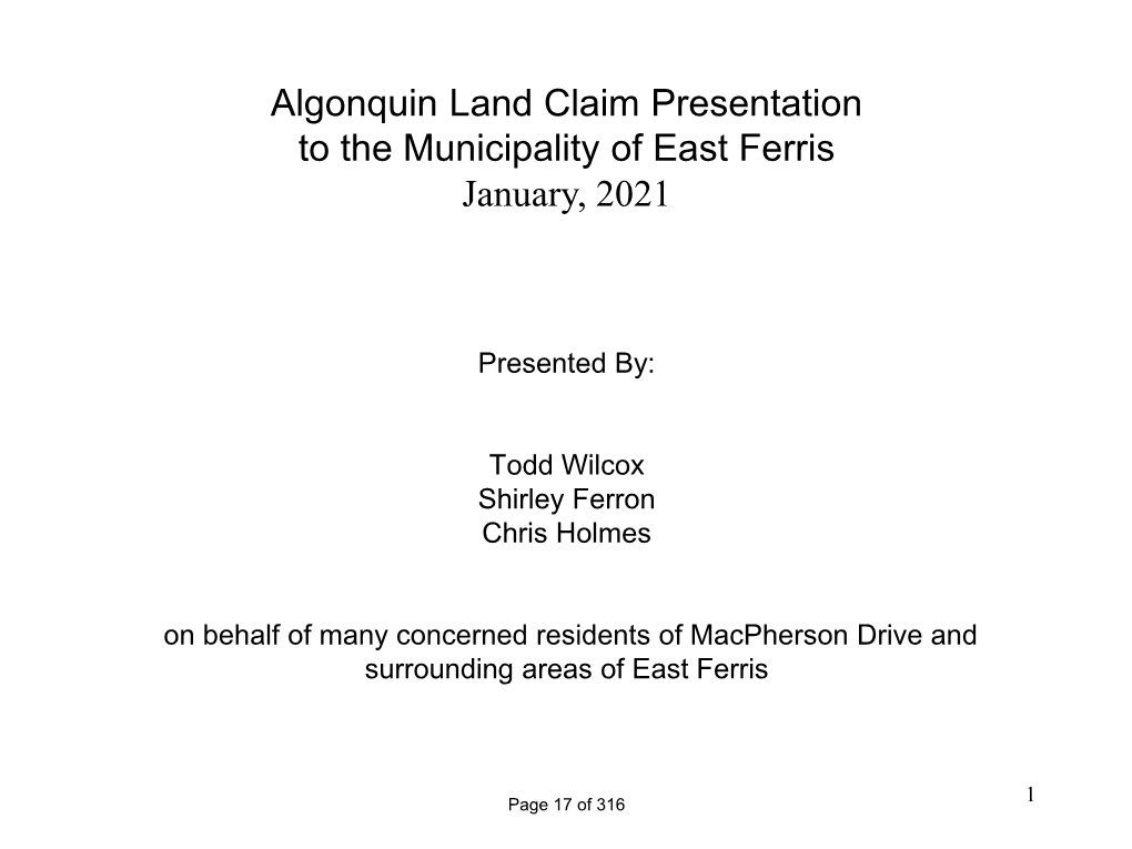 Algonquin Land Claim Presentation to the Municipality of East Ferris January, 2021