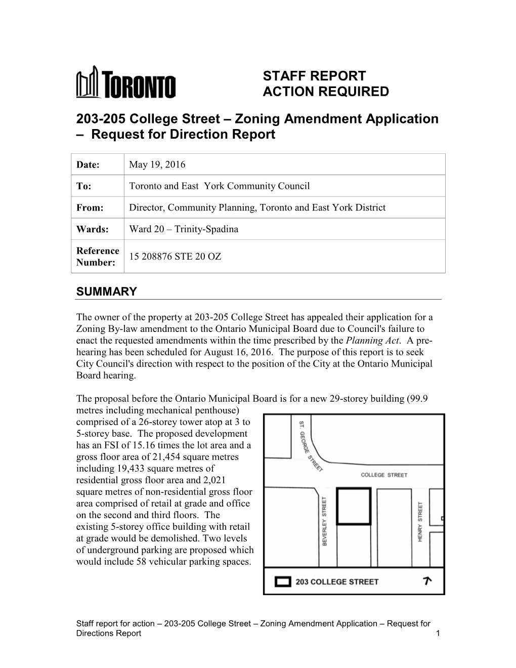 203-205 College Street – Zoning Amendment Application – Request for Direction Report