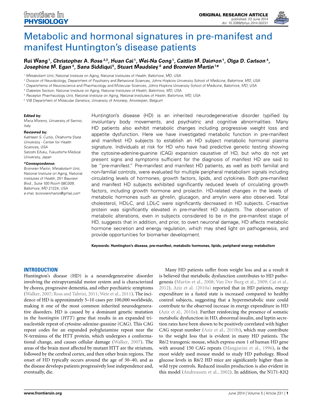 Metabolic and Hormonal Signatures in Pre-Manifest and Manifest Huntington’S Disease Patients