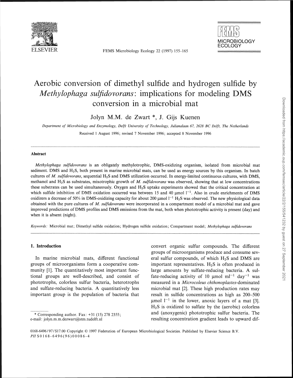 Aerobic Conversion of Dimethyl Sulfide and Hydrogen Sulfide by Methylophaga Sulfidovorans: Implications for Modeling DMS Convers