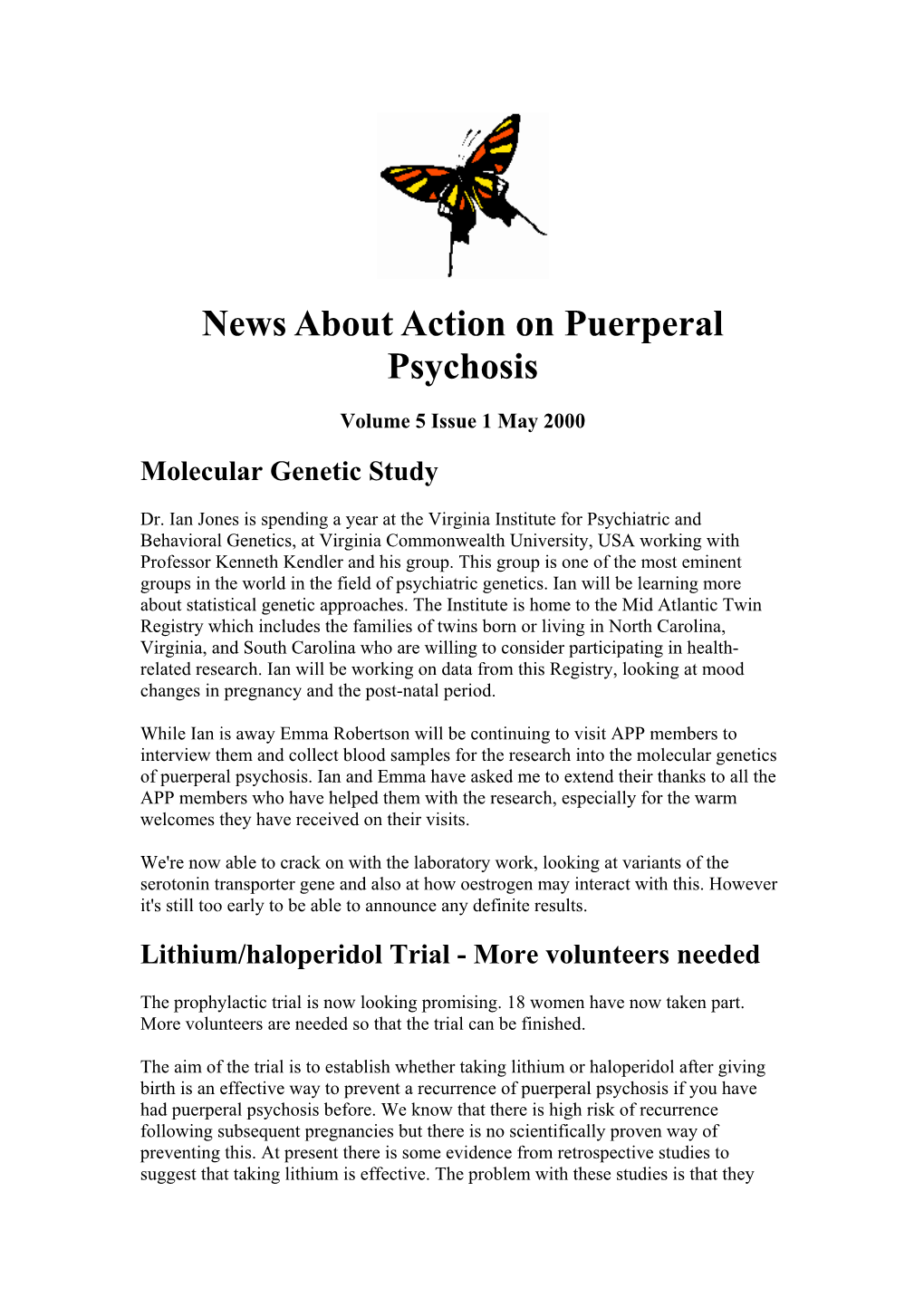 News About Action on Puerperal Psychosis