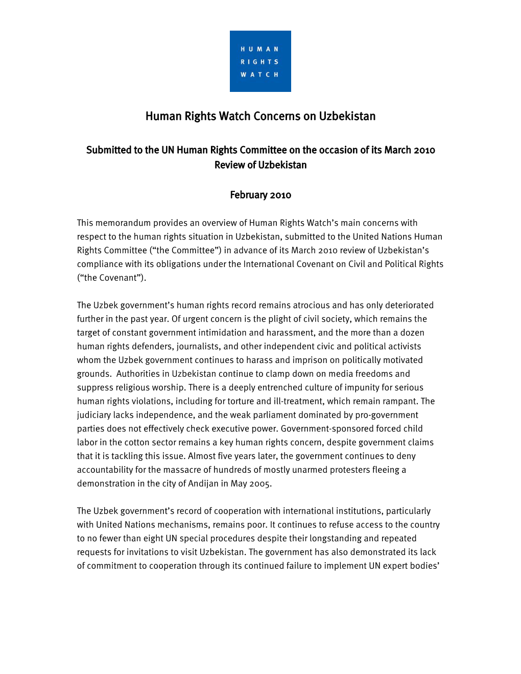 Human Rights Watch Concerns on Uzbekistan