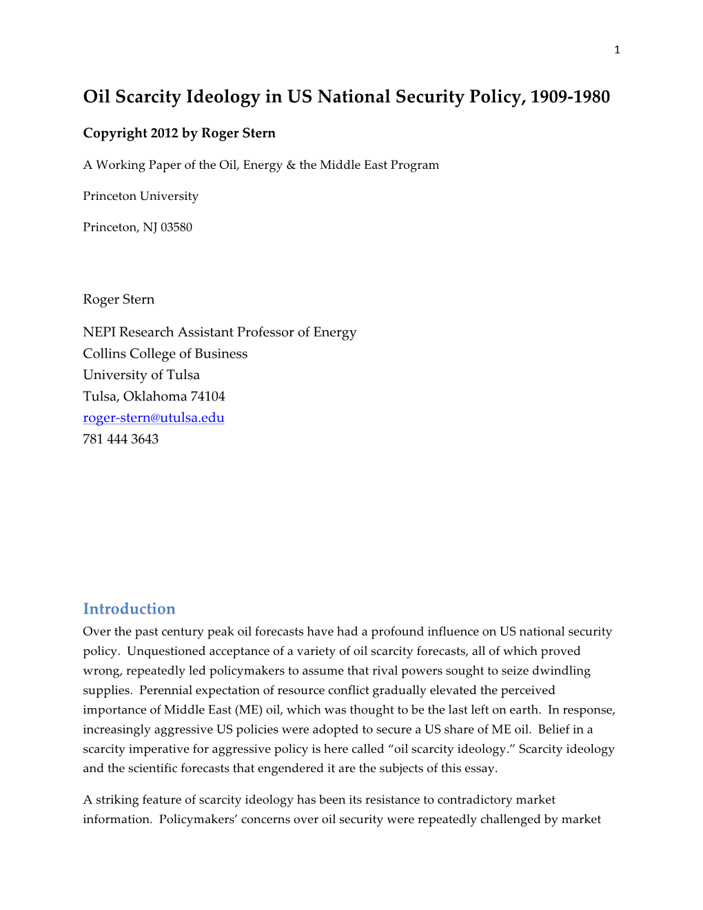 Oil Scarcity Ideology in US National Security Policy, 1909-‐‑1980