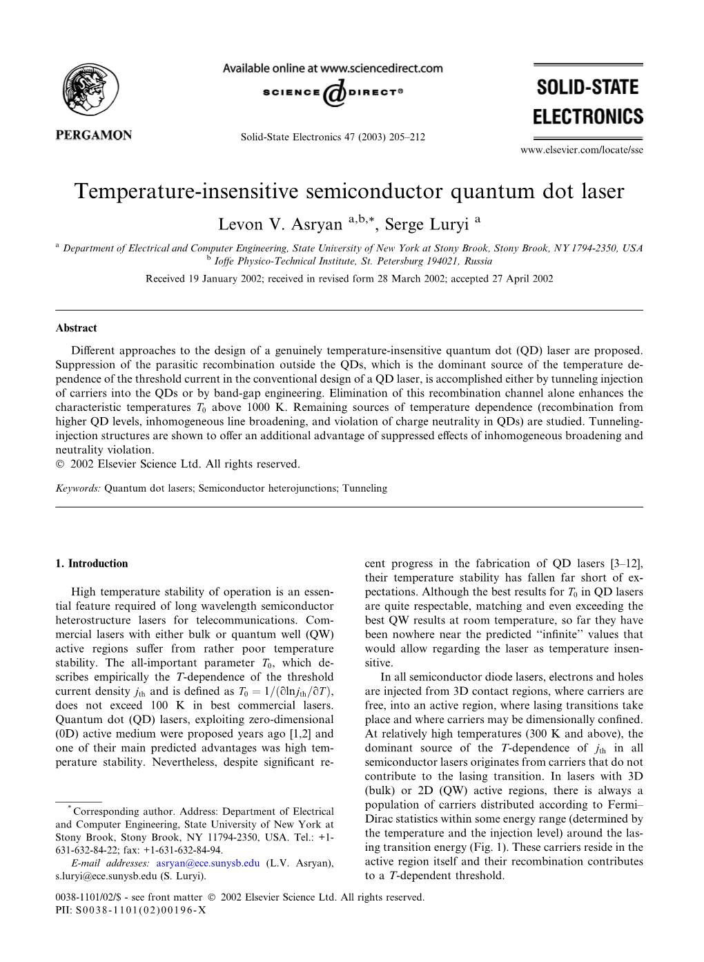 Temperature-Insensitive Semiconductor Quantum Dot Laser Levon V