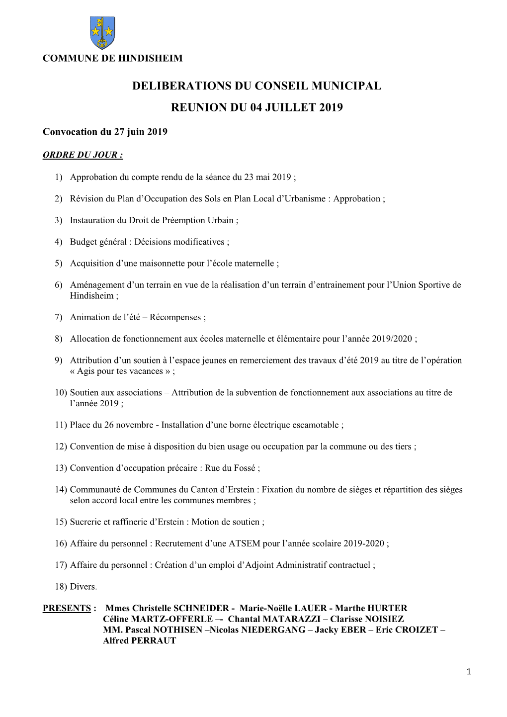 Compte-Rendu Des Délibérations Du Conseil Municipal Du 04 Juillet 2019