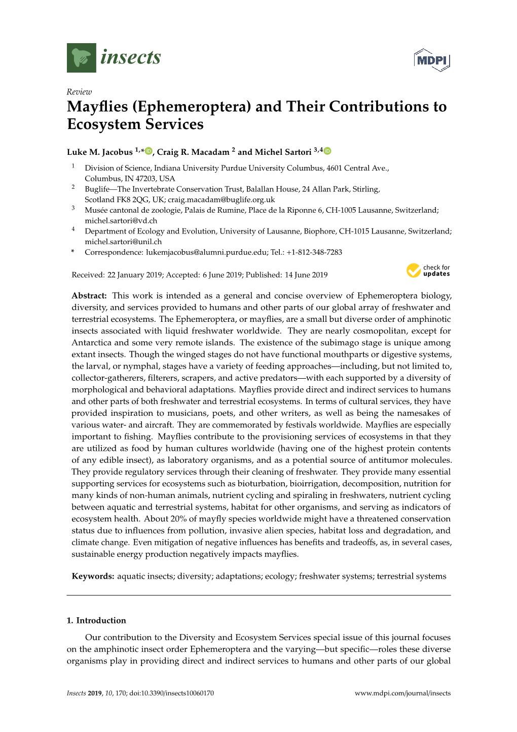 Mayflies (Ephemeroptera) and Their Contributions to Ecosystem Services