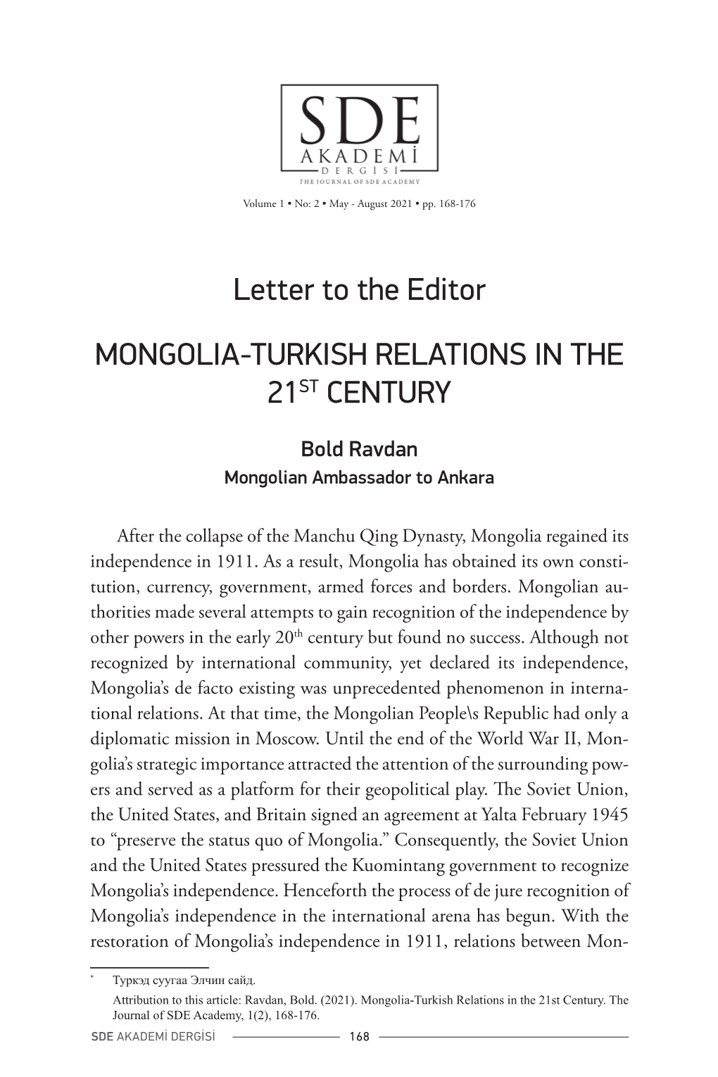 Letter to the Editor MONGOLIA-TURKISH RELATIONS