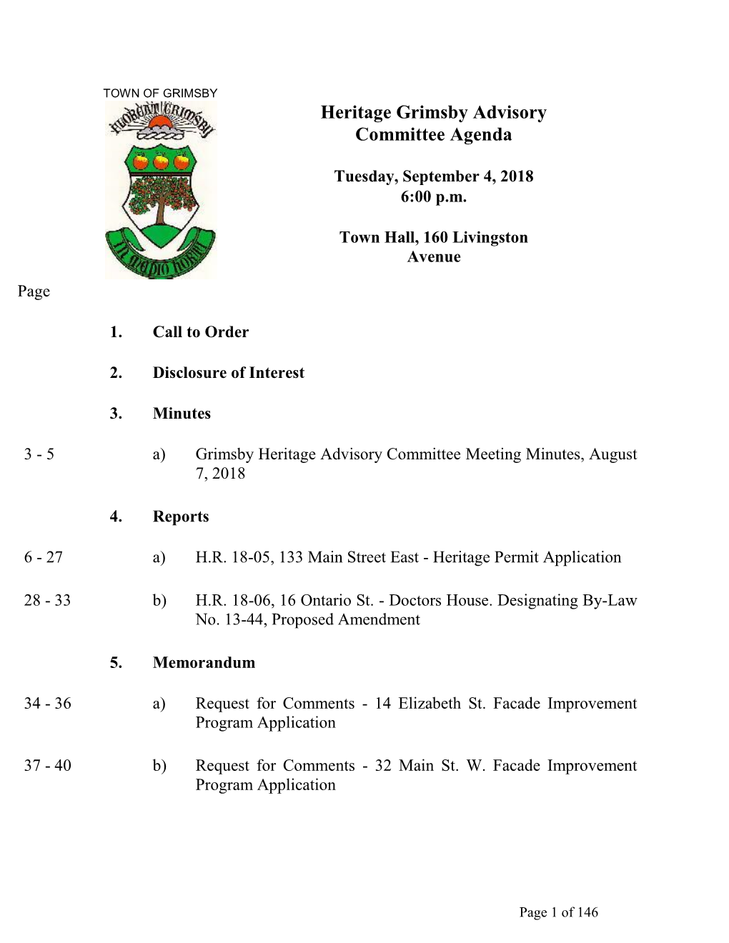 Heritage Advisory Committee Meeting Minutes, August 7, 2018