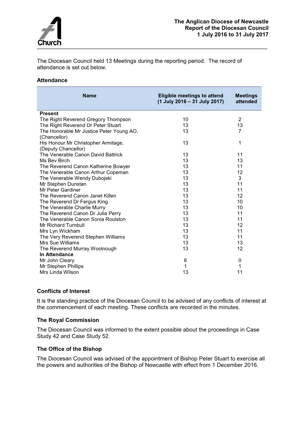 The Anglican Diocese of Newcastle Report of the Diocesan Council 1 July 2016 to 31 July 2017