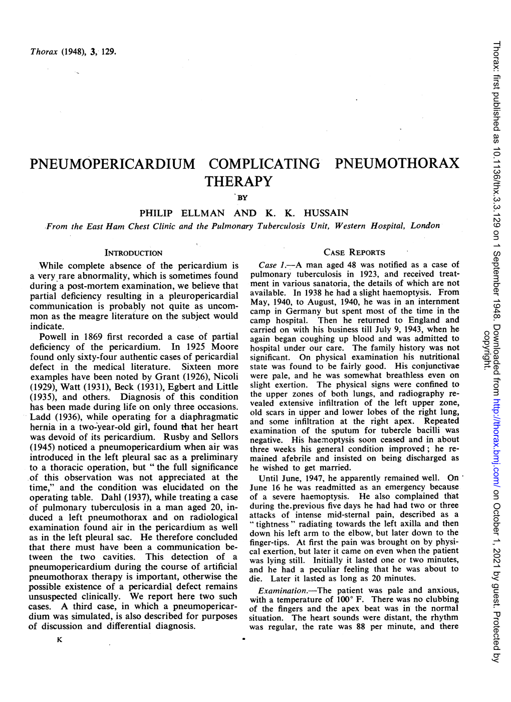Pneumopericardium Complicating Pneumothorax Therapy by Philip Ellman and K