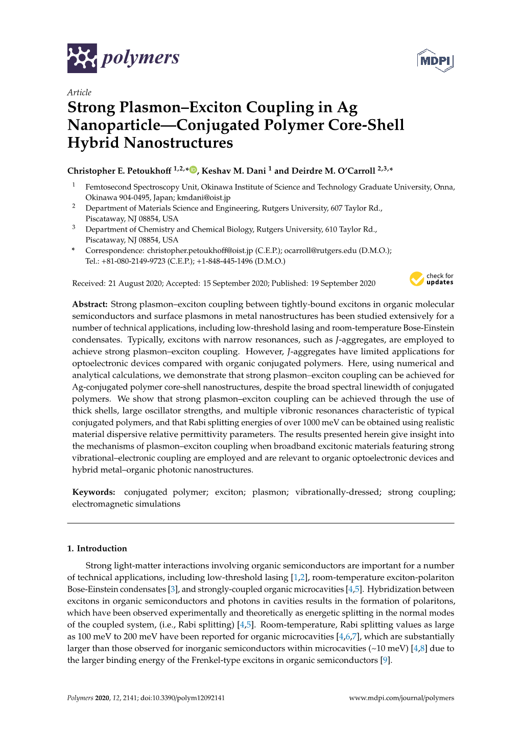 Strong Plasmon–Exciton Coupling in Ag Nanoparticle—Conjugated Polymer Core-Shell Hybrid Nanostructures