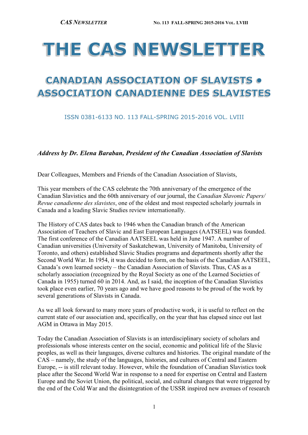 Address by Dr. Elena Baraban, President of the Canadian Association of Slavists