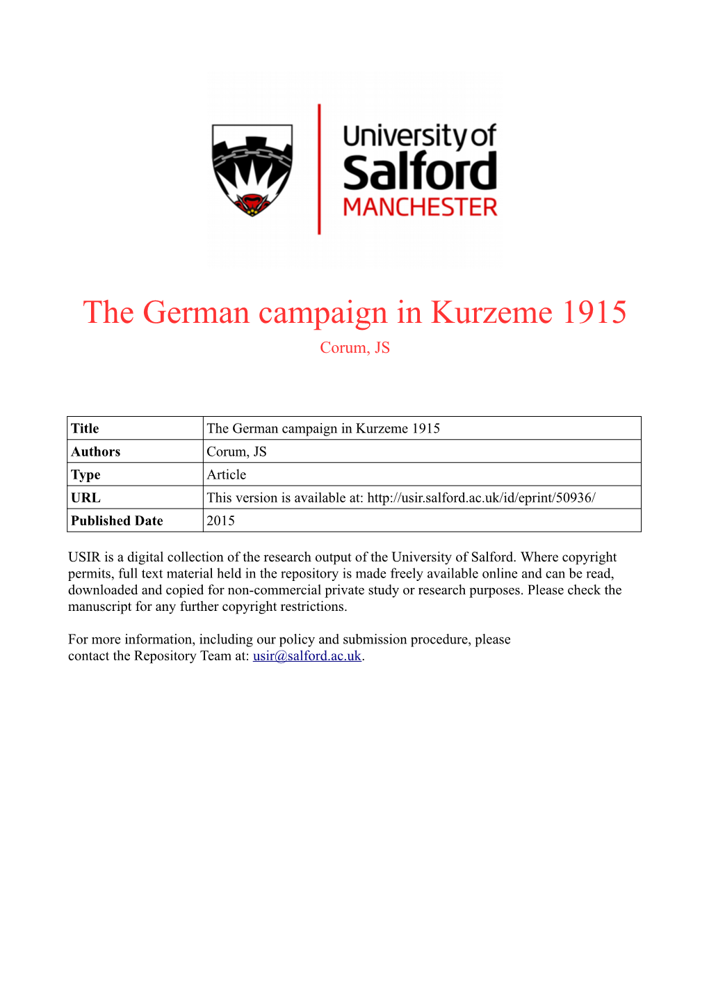 The German Campaign in Kurzeme 1915 Corum, JS