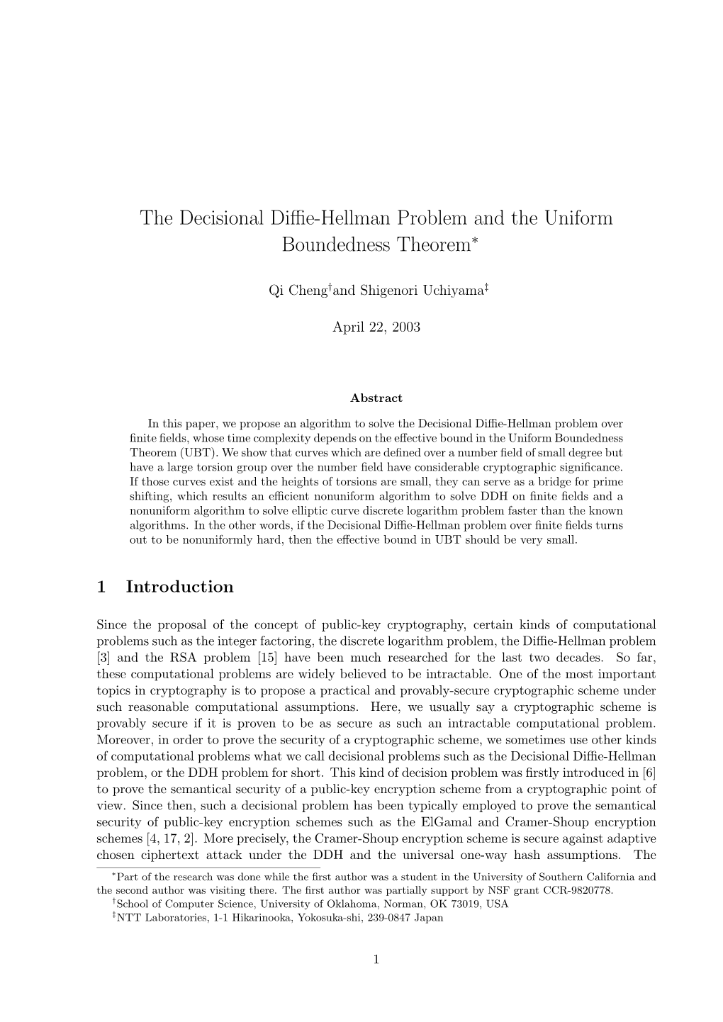 The Decisional Diffie-Hellman Problem and the Uniform