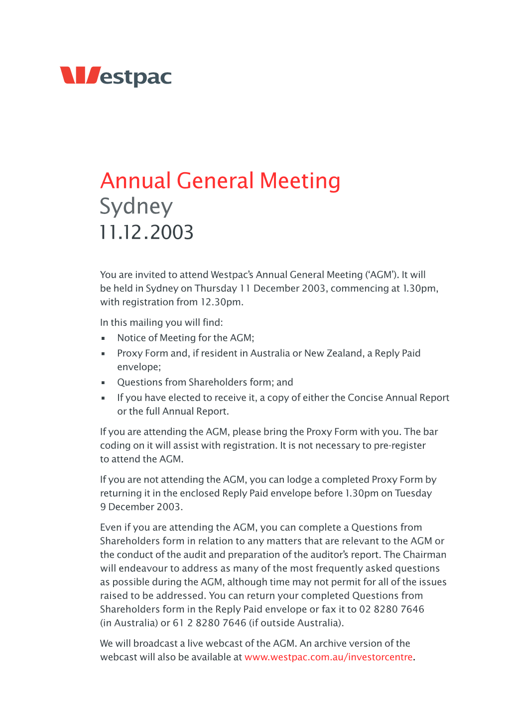 Annual General Meeting Sydney 11.12 .2003