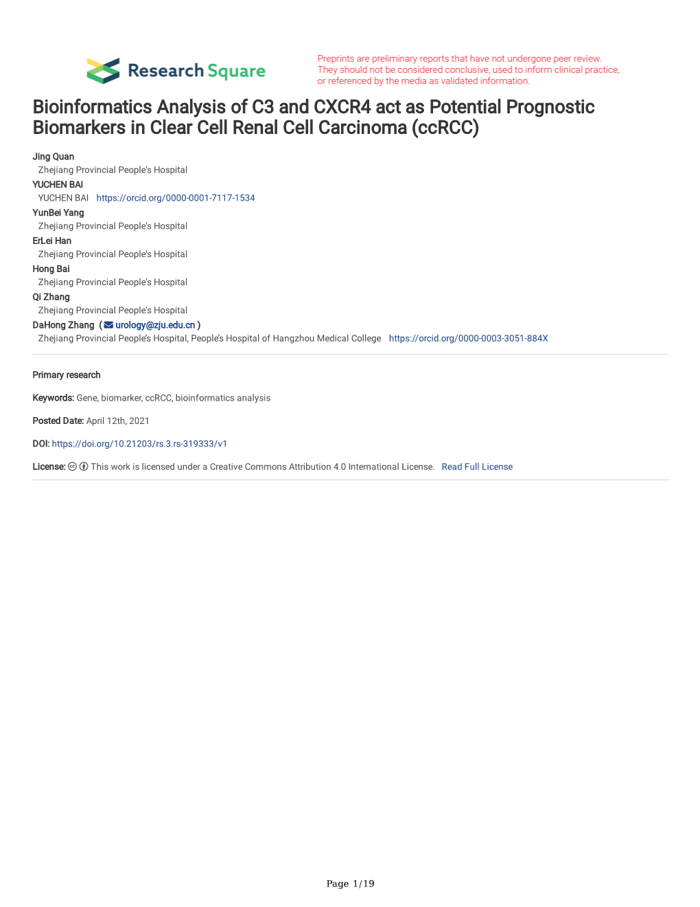 Bioinformatics Analysis of C3 and CXCR4 Act As Potential Prognostic Biomarkers in Clear Cell Renal Cell Carcinoma (Ccrcc)