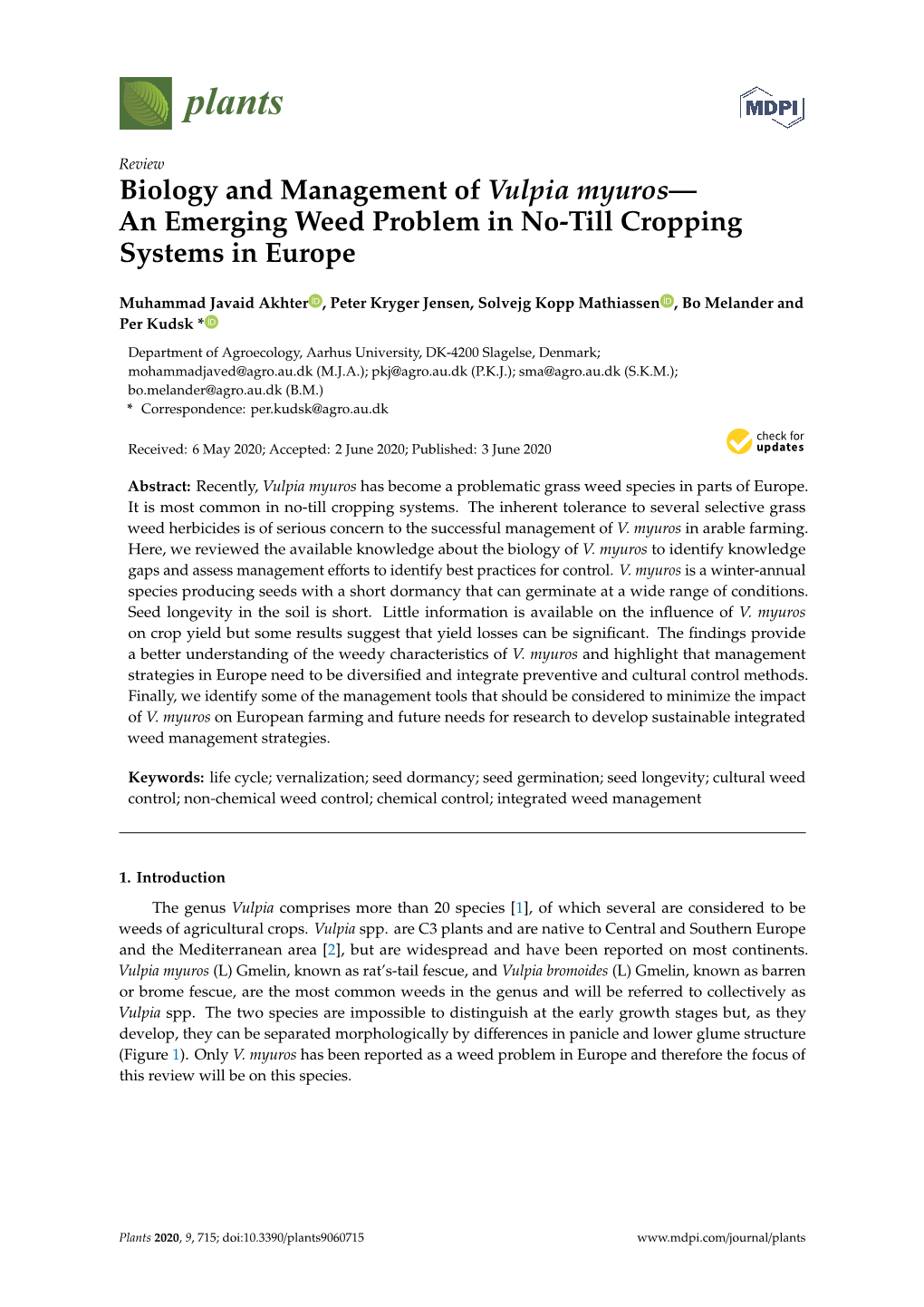 Biology and Management of Vulpia Myuros—An Emerging Weed