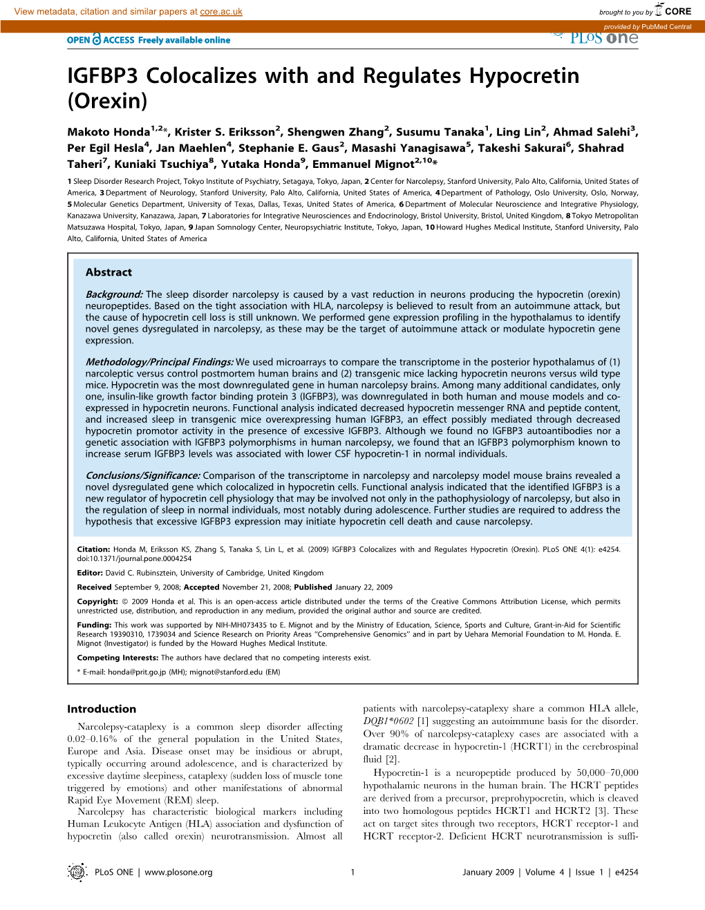 IGFBP3 Colocalizes with and Regulates Hypocretin (Orexin)