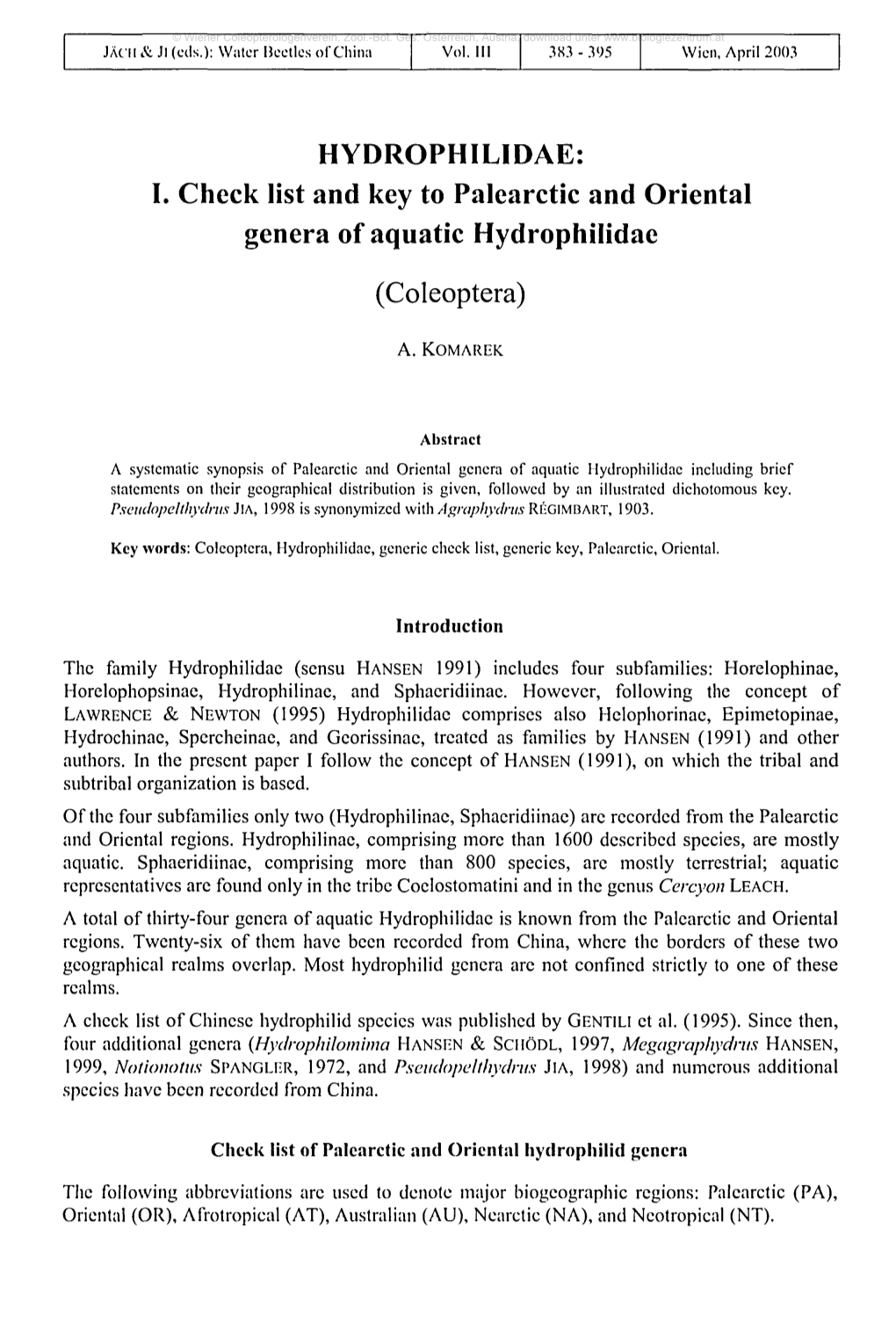 I. Check List and Key to Palearctic and Oriental Genera of Aquatic Hydrophilidae (Coleoptera)