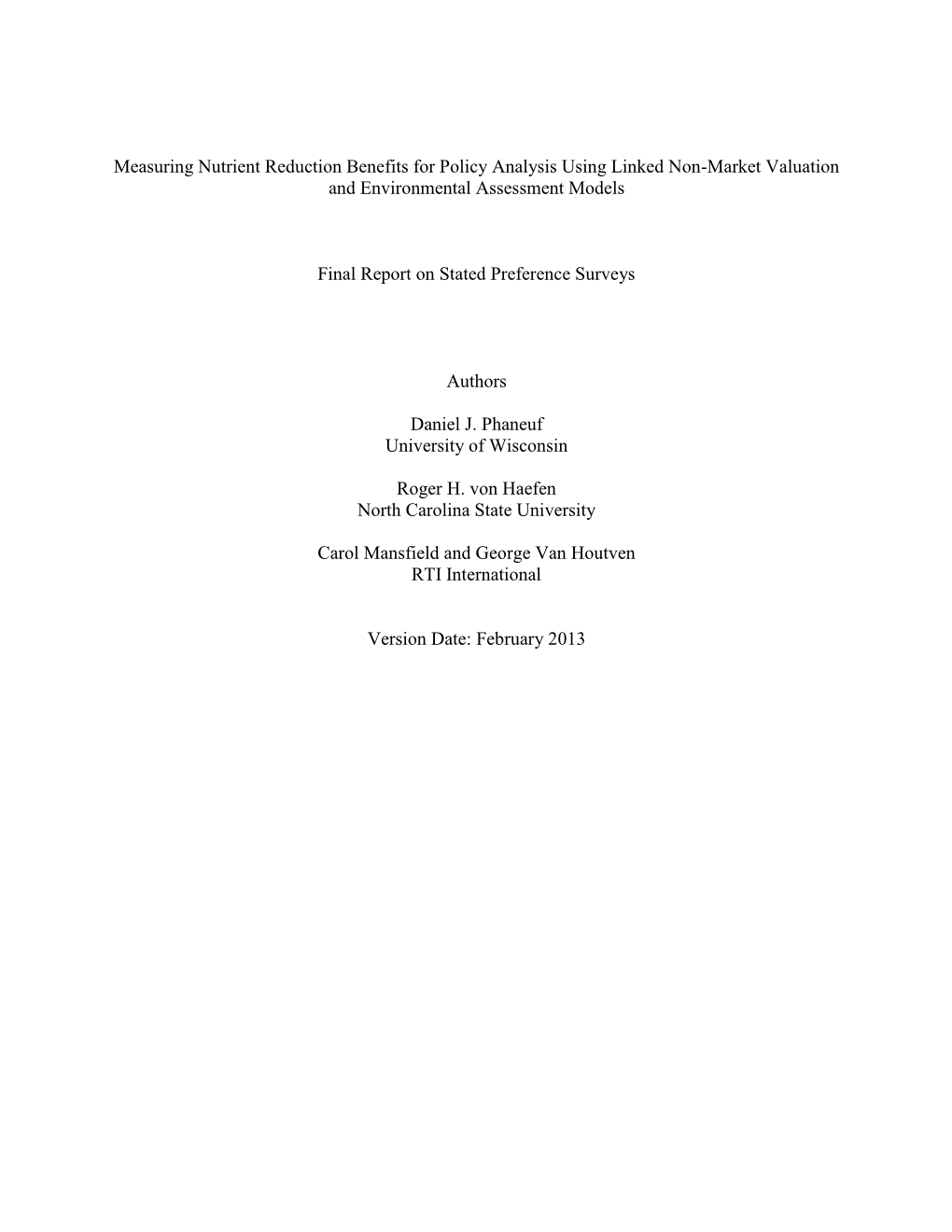 Measuring Nutrient Reduction Benefits for Policy Analysis Using Linked Non-Market Valuation and Environmental Assessment Models