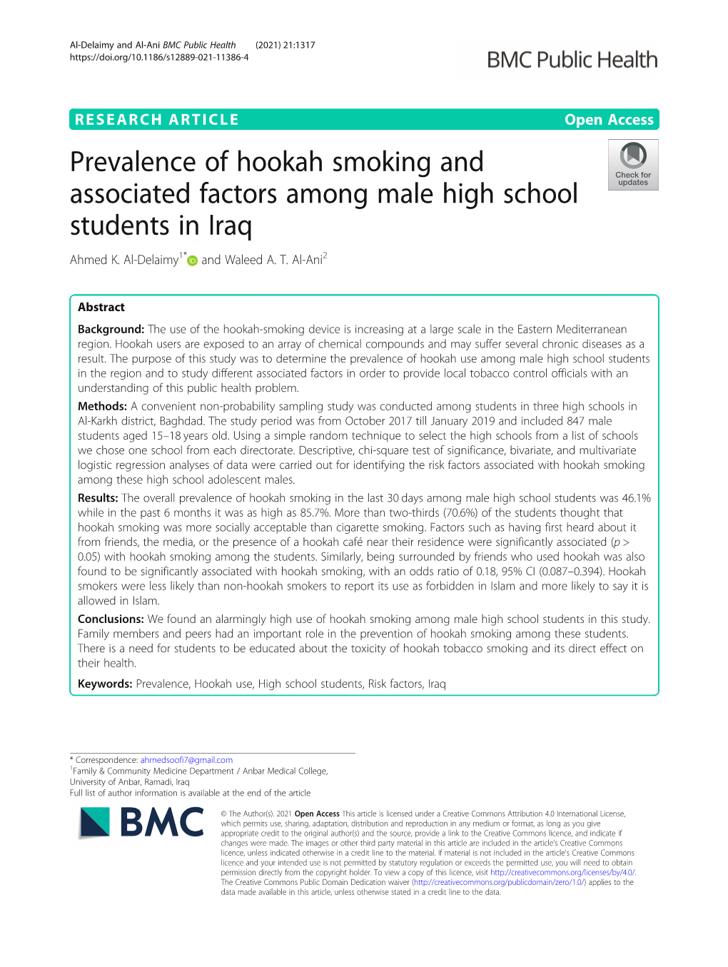 Prevalence of Hookah Smoking and Associated Factors Among Male High School Students in Iraq Ahmed K