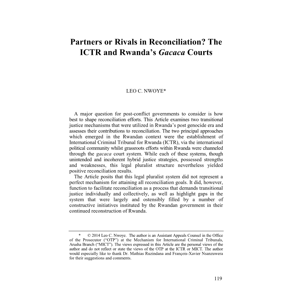 Partners Or Rivals in Reconciliation? the ICTR and Rwandaâ•Žs Gacaca Courts