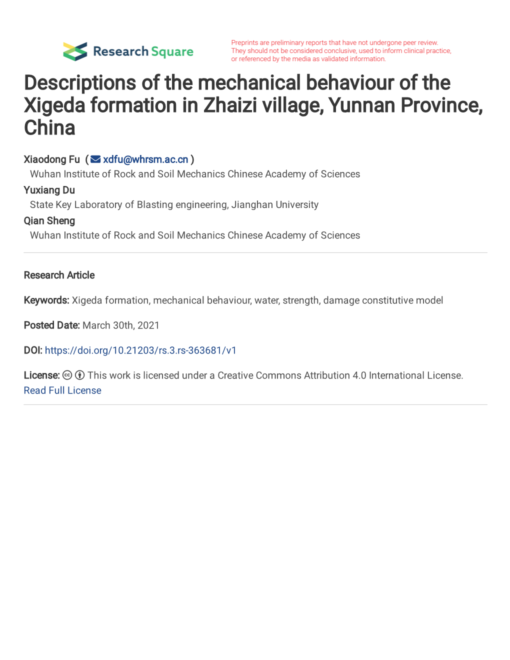 Descriptions of the Mechanical Behaviour of the Xigeda Formation in Zhaizi Village, Yunnan Province, China