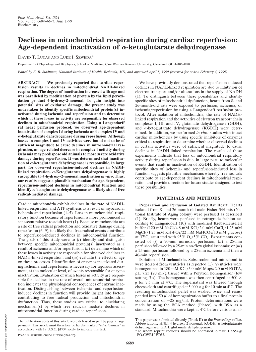 Declines in Mitochondrial Respiration During Cardiac Reperfusion: Age-Dependent Inactivation of ␣-Ketoglutarate Dehydrogenase