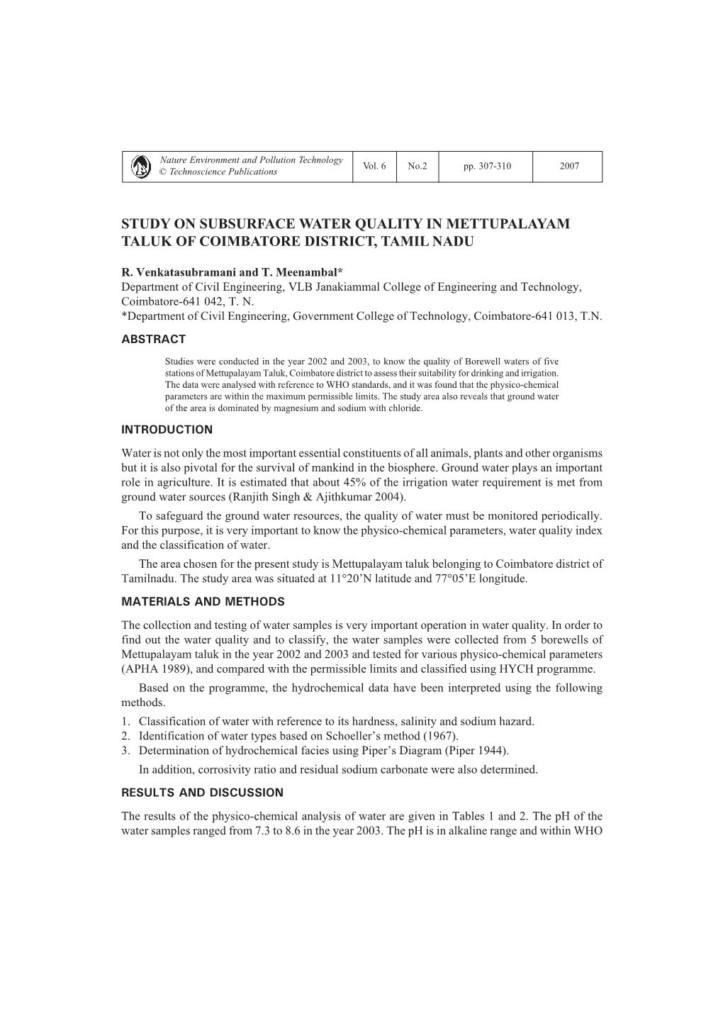 Study on Subsurface Water Quality in Mettupalayam Taluk of Coimbatore District, Tamil Nadu