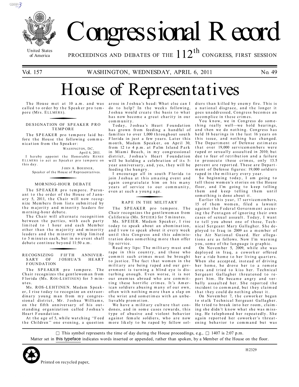 Congressional Record United States Th of America PROCEEDINGS and DEBATES of the 112 CONGRESS, FIRST SESSION