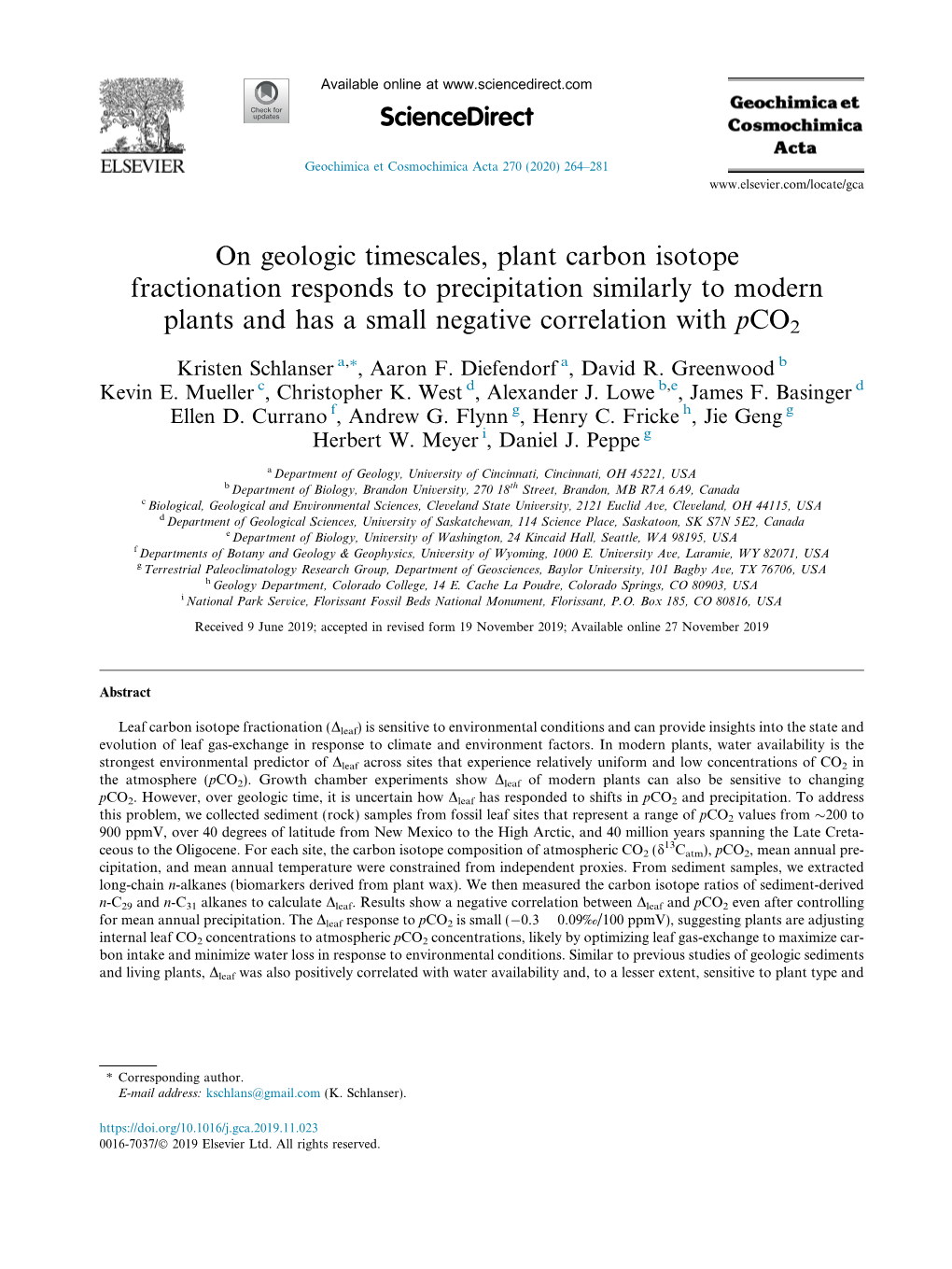 On Geologic Timescales, Plant Carbon Isotope Fractionation Responds to Precipitation Similarly to Modern Plants and Has a Small Negative Correlation with Pco2