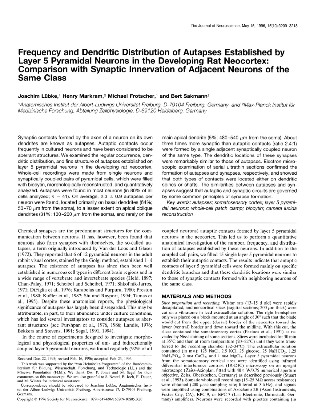 Frequency and Dendritic Distribution of Autapses Established by Layer 5